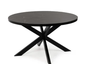 De Stalux Ronde eettafel 'Daan' (148cm) heeft een rond zwart marmeren blad en een modern geometrisch onderstel met vier schuine poten die elkaar in het midden kruisen.