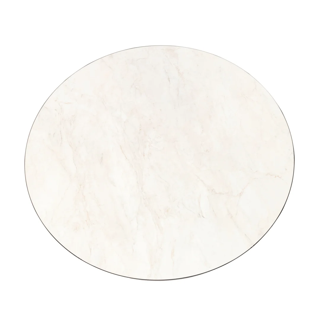 Bovenaanzicht van de Stalux Ronde eettafel 'Daan' (148cm) met een vlak, rond blad in zwart/wit marmerlook en subtiele adering, gepresenteerd tegen een witte achtergrond.