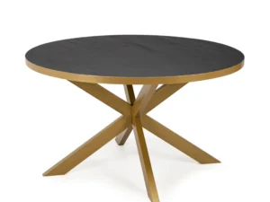 De Stalux Ronde eettafel 'Daan' (148cm) heeft een donker zwart eiken rond blad en een modern goudkleurig geometrisch metalen onderstel met vier hoekige poten.