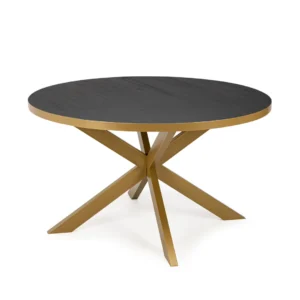 De Stalux Ronde eettafel 'Daan' (148cm) heeft een donker zwart eiken rond blad en een modern goudkleurig geometrisch metalen onderstel met vier hoekige poten.