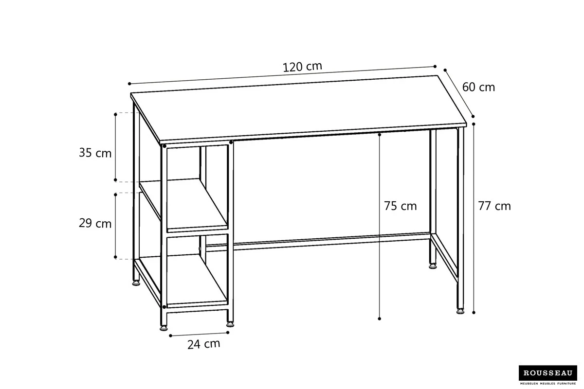 Bureau 120x60 cm met afmetingen. Ruimtebesparend bureau voor thuiswerkplek.