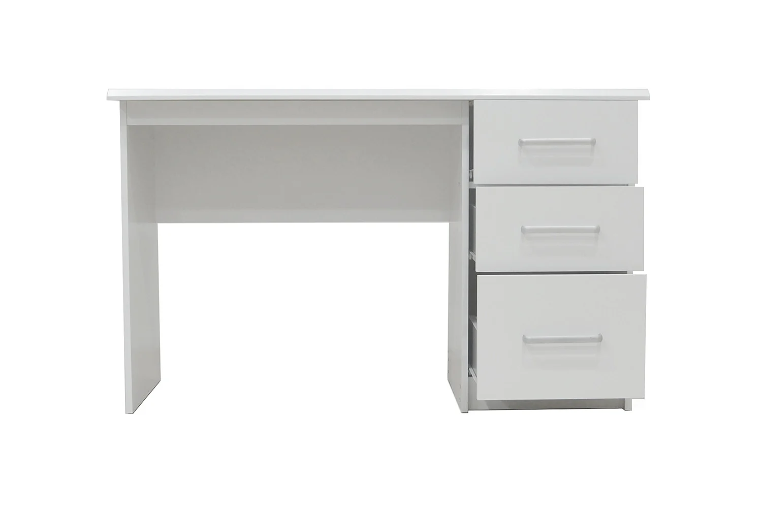 Witte bureau 75x121x60 met 3 lades. Ruimtebesparend design voor thuis of kantoor.