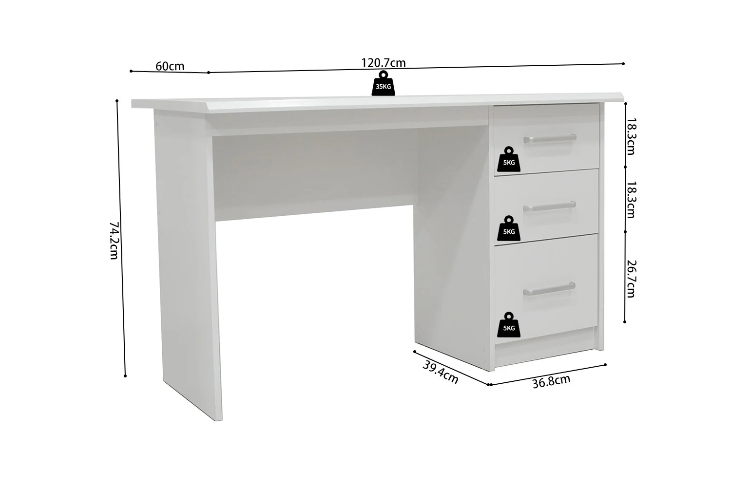 Witte bureau 75x121x60 met 3 lades. Ruimtebesparend design voor thuiswerkplek of studeerkamer.
