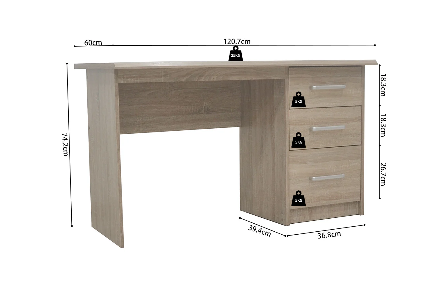 Bureau 75x121x60 Sonoma eiken met 3 lades. Duurzaam bureau met afmetingen en gewichtslimieten.
