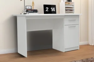 Witte bureau 75x121x60 met 1 lade en 1 deur. Modern en functioneel design voor kantoor of thuiswerkplek.