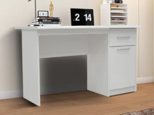 Witte bureau 75x121x60 met 1 lade en 1 deur. Modern en functioneel design voor kantoor of thuiswerkplek.