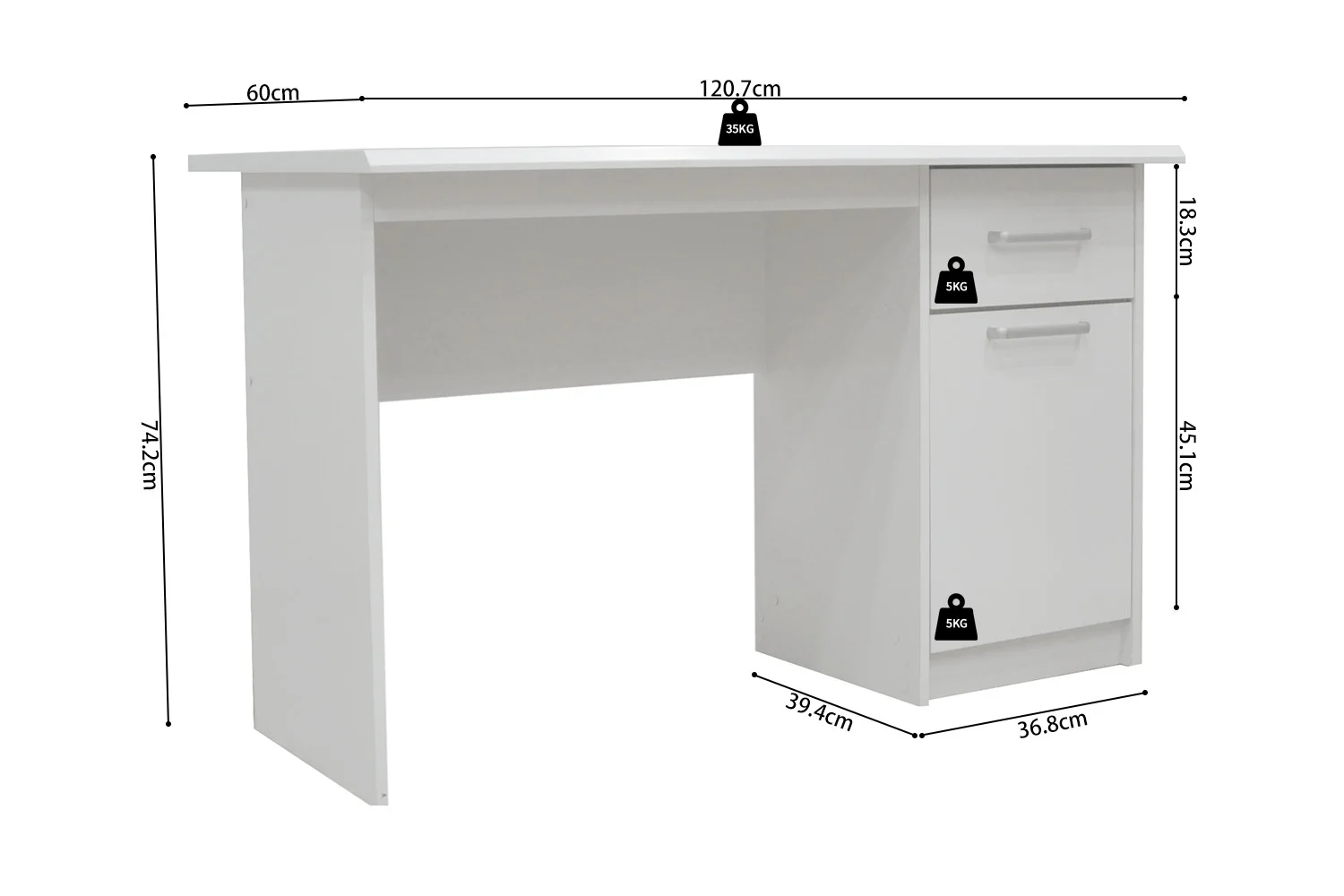 Witte bureau 75x121x60 met 1 lade en 1 deur. Afmetingen en gewichtindicatie zichtbaar.