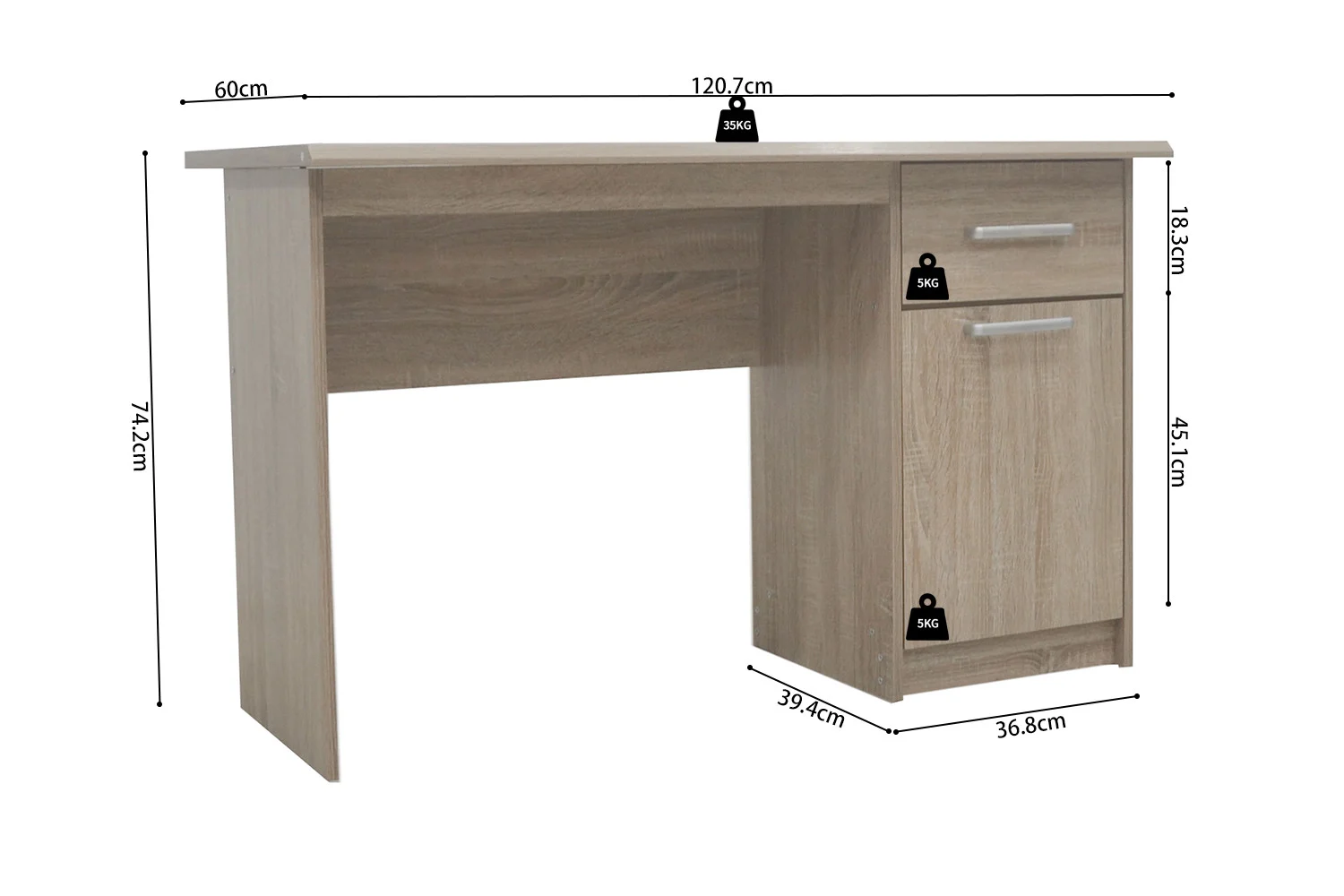 Bureau 75x121x60 cm Sonoma eiken met 1 lade en 1 deur. Praktische opbergruimte voor thuis of kantoor.