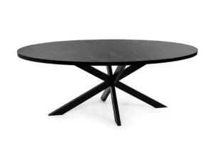 De Stalux Ovale eettafel 'Mees' (240 x 110cm) in zwart/zwart marmer heeft een modern ovaal ontwerp met een glad marmeren blad en kruisende schuine poten die een opvallende geometrische zwarte basis vormen.