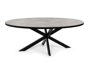 De Stalux Ovale eettafel 'Mees' (240 x 110cm) heeft een modern ovaal ontwerp met een lichtgrijs betonnen tafelblad en een opvallend zwart metalen onderstel met schuine, kruisende poten.