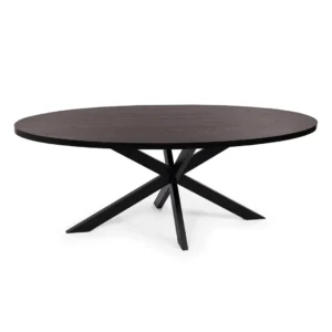 De Stalux Ovale eettafel 'Mees' (240 x 110cm) heeft een glad, ovaal zwart/bruin houten blad en een modern, kruisend metalen onderstel met meerdere schuine poten.