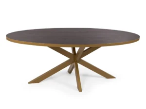 De Stalux Ovale eettafel 'Mees' (240 x 110cm) heeft een bruin houten blad en een stijlvolle goud geometrische voet met kruisende poten.