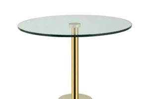 De Bijzettafel Goud van Wit Marmer heeft een rond glazen blad en een enkele goudkleurige metalen sokkel, tegen een effen witte achtergrond.