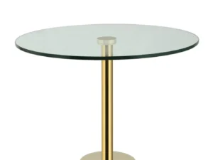 De Bijzettafel Goud van Wit Marmer heeft een rond glazen blad en een enkele goudkleurige metalen sokkel, tegen een effen witte achtergrond.