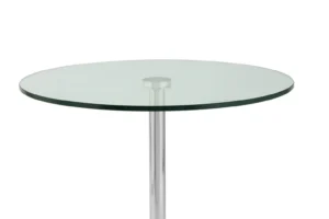 De Bijzettafel Zilver, Zwart Marmer heeft een rond glazen tafelblad en een metalen voet, tegen een effen witte achtergrond.