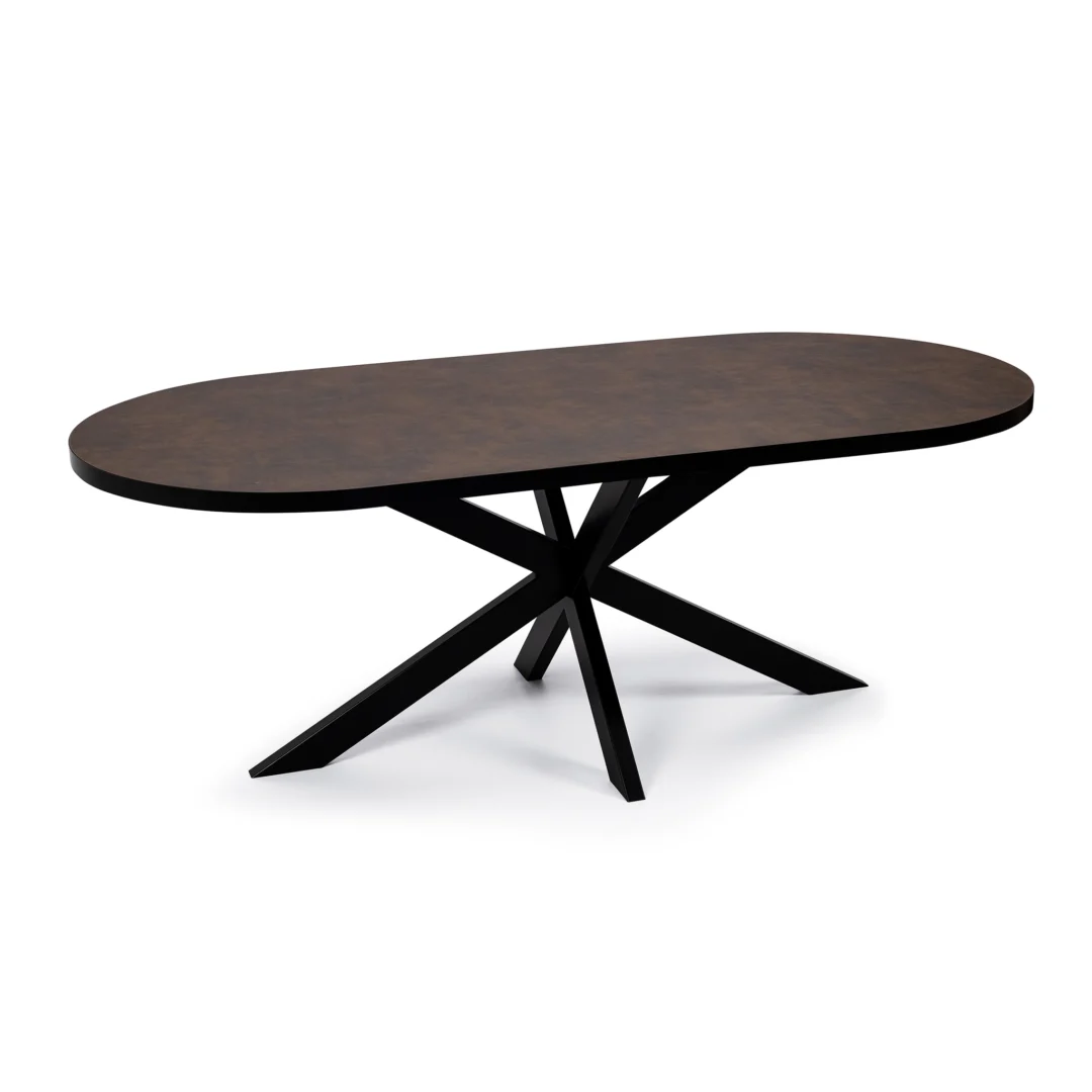 De Stalux Plat ovale eettafel 'Noud' (180 x 100), in zwart met een bruin lederlook blad, heeft een modern ontwerp met een uniek zwart stervormig onderstel en schuine poten.