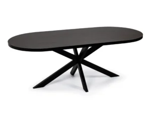 De Stalux Plat ovale eettafel 'Noud' (180x100) heeft een modern, glad zwart/bruin houten oppervlak en kenmerkende stervormige geometrische poten.