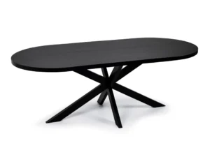 De Stalux Plat ovale eettafel 'Noud' (210 x 100) in zwart/zwart eiken heeft een modern zwart ovaal ontwerp met een gladde bovenkant en een unieke stervormige kruisvoet, tegen een effen witte achtergrond.