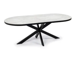 De Stalux Plat ovale eettafel 'Noud' (210 x 100) heeft een modern ontwerp met een wit marmeren blad en zwarte, elkaar kruisende schuine poten, afgewerkt in zwart/wit marmer.
