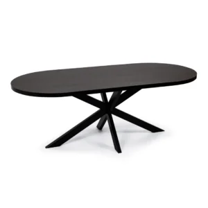De Stalux Plat ovale eettafel 'Noud' (210 x 100) heeft een modern, donker zwart/bruin houtdesign met een glad ovaal oppervlak en een opvallende hoekige stervormige basis.