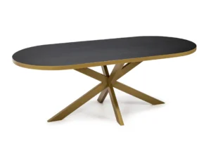 De Stalux Plat ovale eettafel 'Noud' (210 x 100) heeft een zwart eiken tafelblad met goudkleurige randen en een opvallend goudkleurig metalen onderstel met vier elkaar kruisende schuine poten.