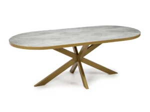 De Stalux Plat ovale eettafel 'Noud' (210 x 100) heeft een steenachtig lichtgrijs blad en een goudkleurig onderstel met schuine poten.
