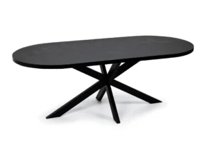 De Stalux Plat ovale eettafel 'Noud' (240 x 100) in zwart/zwart marmer heeft een modern zwart ovaal blad en een uniek starburst onderstel met meerdere schuine poten voor een strakke eethoek.