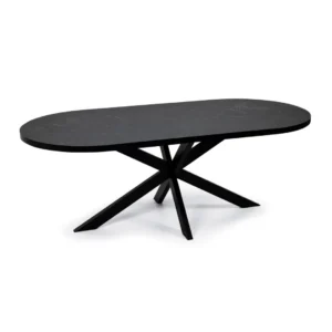 De Stalux Plat ovale eettafel 'Noud' (240 x 100) in zwart/zwart marmer heeft een modern zwart ovaal blad en een uniek starburst onderstel met meerdere schuine poten voor een strakke eethoek.
