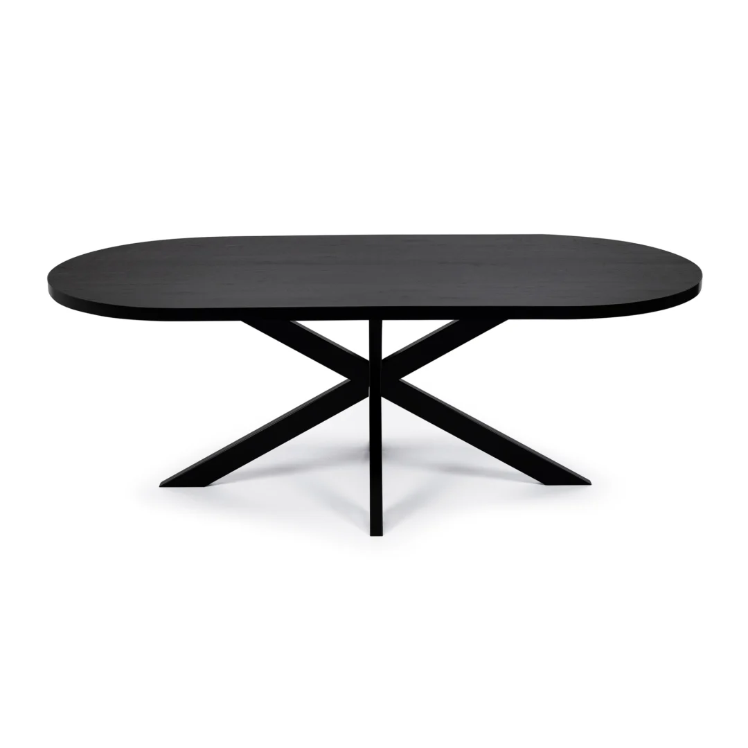 De Stalux Plat ovale eettafel 'Noud' (240 x 100) in zwart/zwart eiken heeft een modern zwart ovaal ontwerp met een glad blad en een unieke gekruiste X-vormige voet.