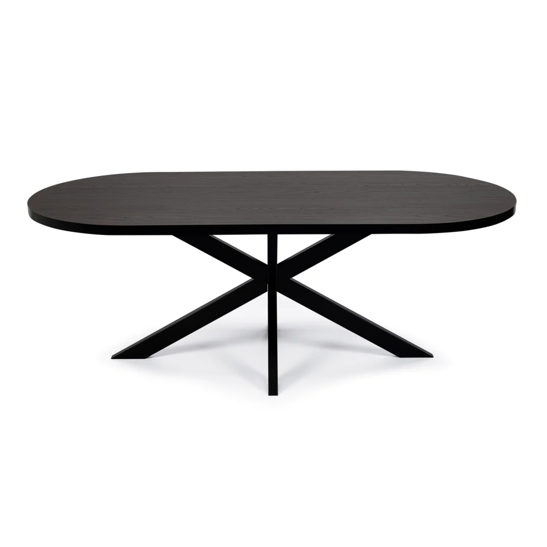 De Stalux Plat ovale eettafel 'Noud' (240 x 100) heeft een moderne zwart/bruine houten afwerking, een glad ovaal oppervlak en een unieke kruisende X-vormige voet.