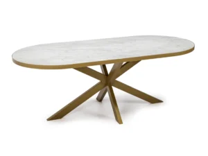 Stalux Plat ovale eettafel 'Noud' (240 x 100) met een wit marmeren blad en een modern goudkleurig metalen onderstel met gekruiste potentie.
