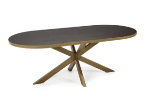 De Stalux Plat ovale eettafel 'Noud' (240 x 100) heeft een bruin houten blad en een gouden onderstel met schuine, kruisende poten in een moderne geometrische stijl.