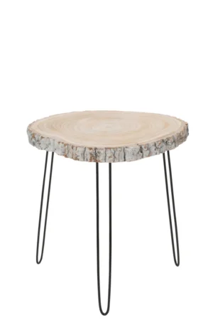 De Sidetable Paulowniahout/IJzer Grijs Gewassen Groot heeft een groot, rond houten blad en drie zwarte metalen haarspeldpoten, geïsoleerd afgebeeld op een witte achtergrond.