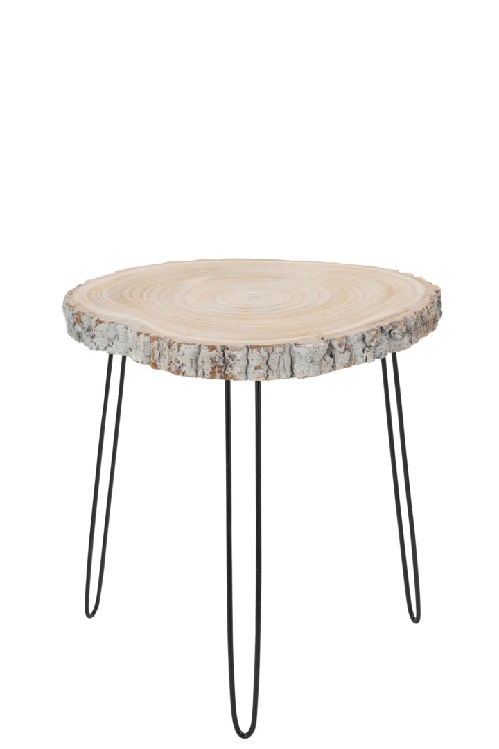 De Sidetable Paulowniahout/IJzer Grijs Gewassen Groot heeft een groot, rond houten blad en drie zwarte metalen haarspeldpoten, geïsoleerd afgebeeld op een witte achtergrond.