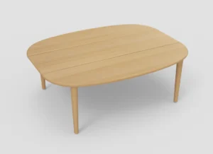 De SENTO TAFEL 240 X 108/164 E02M is een lichthouten, ovale tafel met vier afgeronde poten en een glad oppervlak. Het minimalistische moderne ontwerp steekt mooi af tegen de effen witte achtergrond.