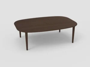 De SENTO TAFEL 240 X 108/164 EL21 is een donkerbruine houten tafel met afgeronde hoeken en vier rechte poten, afgebeeld tegen een effen lichte achtergrond.