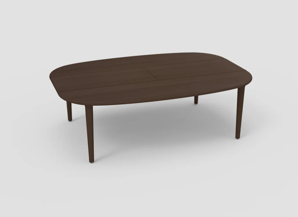 De SENTO TAFEL 240 X 108/164 EL21 is een donkerbruine houten tafel met afgeronde hoeken en vier rechte poten, afgebeeld tegen een effen lichte achtergrond.