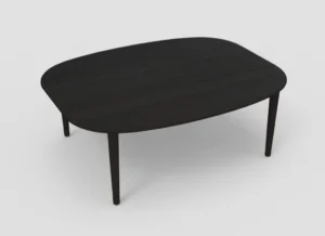 De SENTO TAFEL 210 X 108/164 EL55 is een zwarte, ovalen houten tafel met vier poten, met een glad oppervlak en minimalistisch ontwerp, tegen een effen lichte achtergrond.