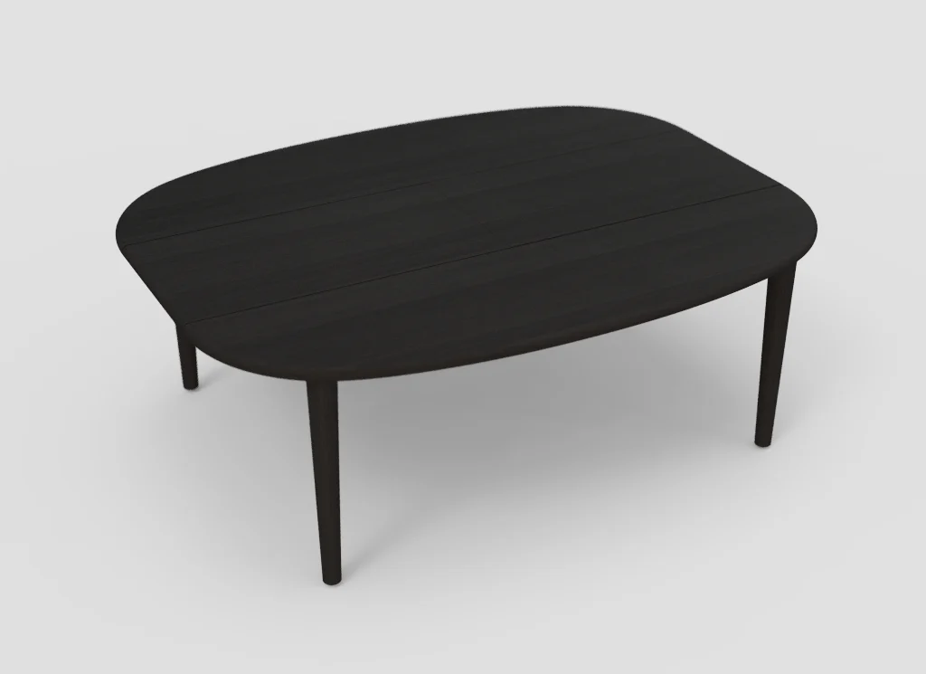 De SENTO TAFEL 210 X 108/164 EL55 is een zwarte, ovalen houten tafel met vier poten, met een glad oppervlak en minimalistisch ontwerp, tegen een effen lichte achtergrond.