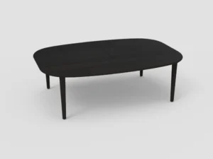 De SENTO TAFEL 240 X 108/164 EL55 is een moderne zwarte houten eettafel met afgeronde hoeken en vier slanke poten, afgebeeld tegen een effen witte achtergrond.