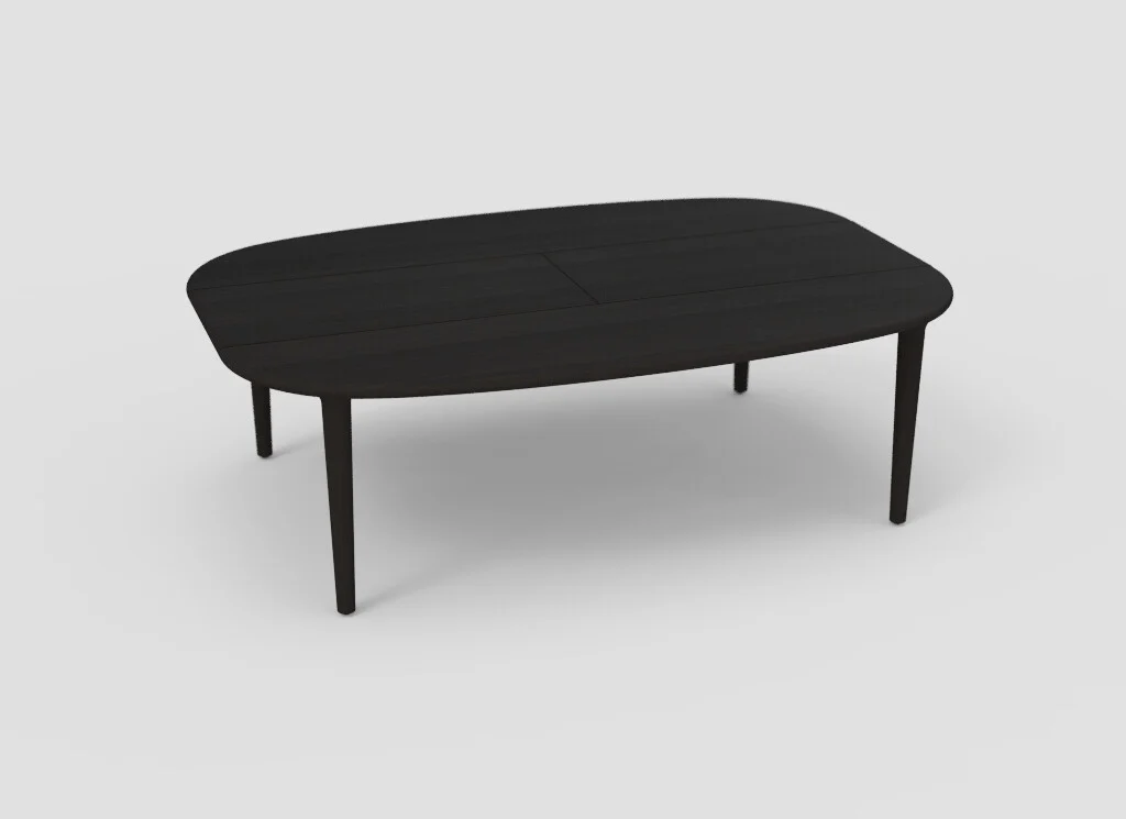De SENTO TAFEL 240 X 108/164 EL55 is een moderne zwarte houten eettafel met afgeronde hoeken en vier slanke poten, afgebeeld tegen een effen witte achtergrond.