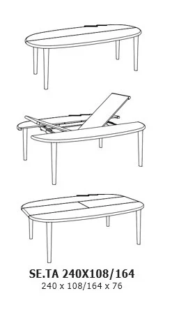 Drie diagrammen tonen de SENTO TAFEL 240 X 108/164 EL55: gesloten, uitgeschoven met een hefpaneel en volledig uitgeschoven. De tekst hieronder toont de afmetingen 240 x 108/164 x 76.