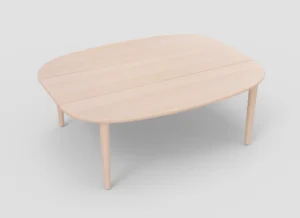 De SENTO TAFEL 210 X 108/164 WWM is een lichtgekleurde, houten ovale eettafel met afgeronde hoeken en vier poten, tegen een effen lichtgrijze achtergrond.