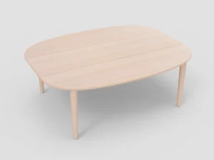 De SENTO TAFEL 210 X 108/164 WWM is een lichtgekleurde, houten ovale eettafel met afgeronde hoeken en vier poten, tegen een effen lichtgrijze achtergrond.