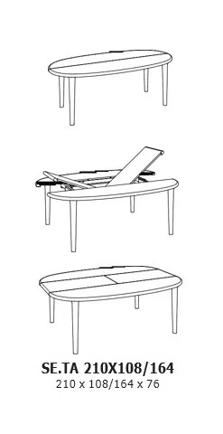 Drie zwart-wit lijntekeningen tonen de SENTO TAFEL 210 X 108/164 WWM: eerst als ovale tafel, dan met een verborgen blad uitgeschoven en tenslotte volledig uitgeschoven tot een grotere rechthoek. Afmetingen vermeld: 210 x 108/164 x 76.