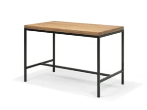 De Bartafel Brugge 140x80 ZW heeft een massief eiken (Eiken Massief Dessert) licht houten blad en een zwart metalen frame met een moderne, minimalistische open basis.