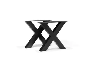 Twee ONDERSTEL XILO -X-POOT 120X120X74 ZWART metalen X-vormige tafelpoten staan naast elkaar op een witte achtergrond.