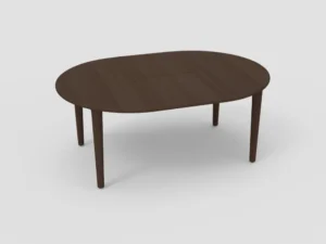 De SENTO TAFEL Ø130/186 EL21 is een donkerbruine, ovale houten eettafel met vier poten, afgebeeld tegen een effen witte achtergrond.