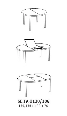 Drie zwart-wit lijntekeningen tonen de SENTO TAFEL Ø130/186 EL21, een ronde tafel die uitklapt van 130 cm tot 186 cm met een uitklapbaar blad. Afmetingen: 130/186 x 130 x 76 cm.