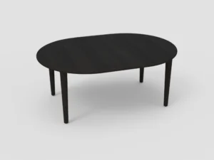 De SENTO TAFEL Ø130/186 EL55 is een ovale eettafel van donker hout met vier poten tegen een effen witte achtergrond.